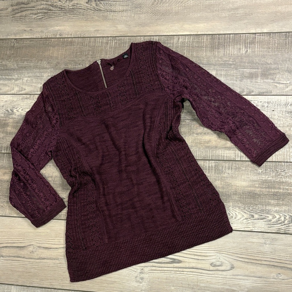 Anthropologie Dark Purple Lace Sleeve Knit Sweater EUC S